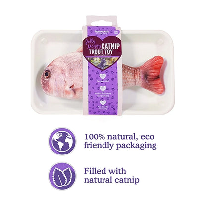 Rosewood Jolly Moggy Catnip Red Snapper toy showing eco friendly packaging and natural catnip feature