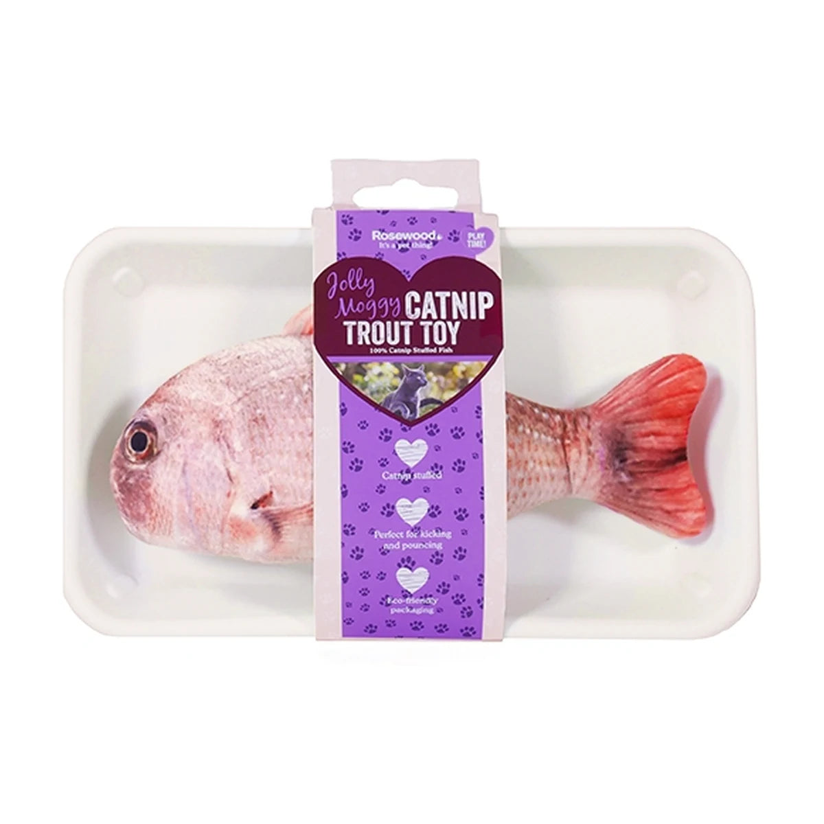 Rosewood Jolly Moggy Catnip Red Snapper cat toy in packaging with soft plush fish design