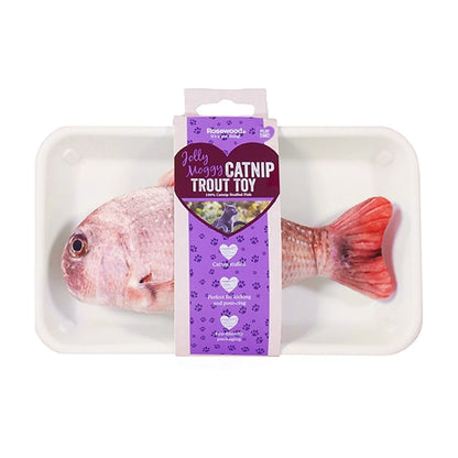 Rosewood Jolly Moggy Catnip Red Snapper cat toy in packaging with soft plush fish design