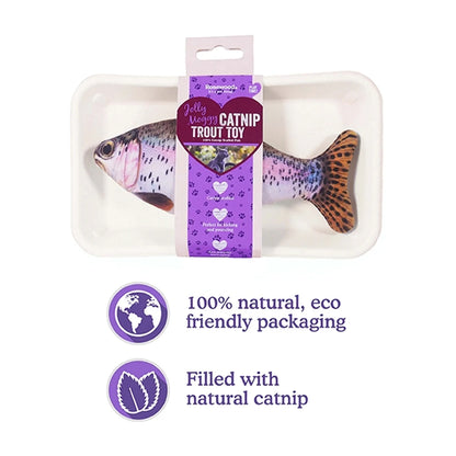 Rosewood Jolly Moggy Catnip Trout Toy packaging showing natural catnip and eco friendly packaging