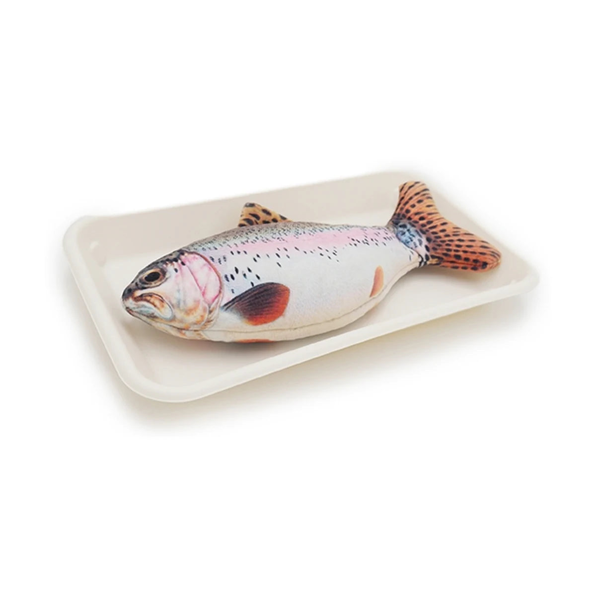 Rosewood Jolly Moggy Catnip Trout Toy displayed on eco friendly tray packaging