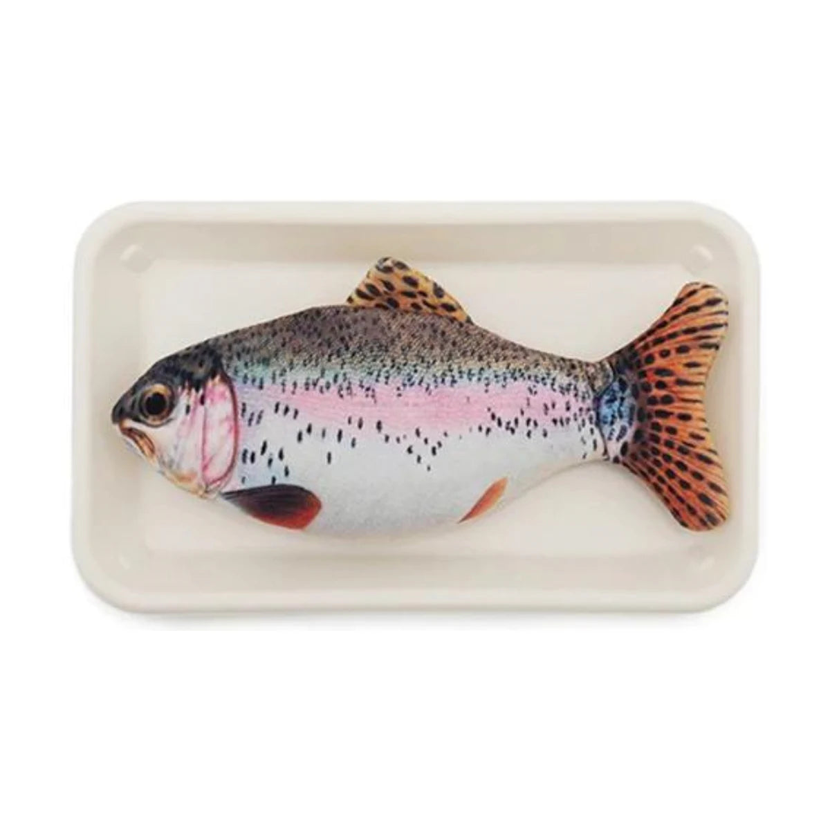 Rosewood Jolly Moggy Catnip Trout Toy realistic fish plush toy on tray packaging
