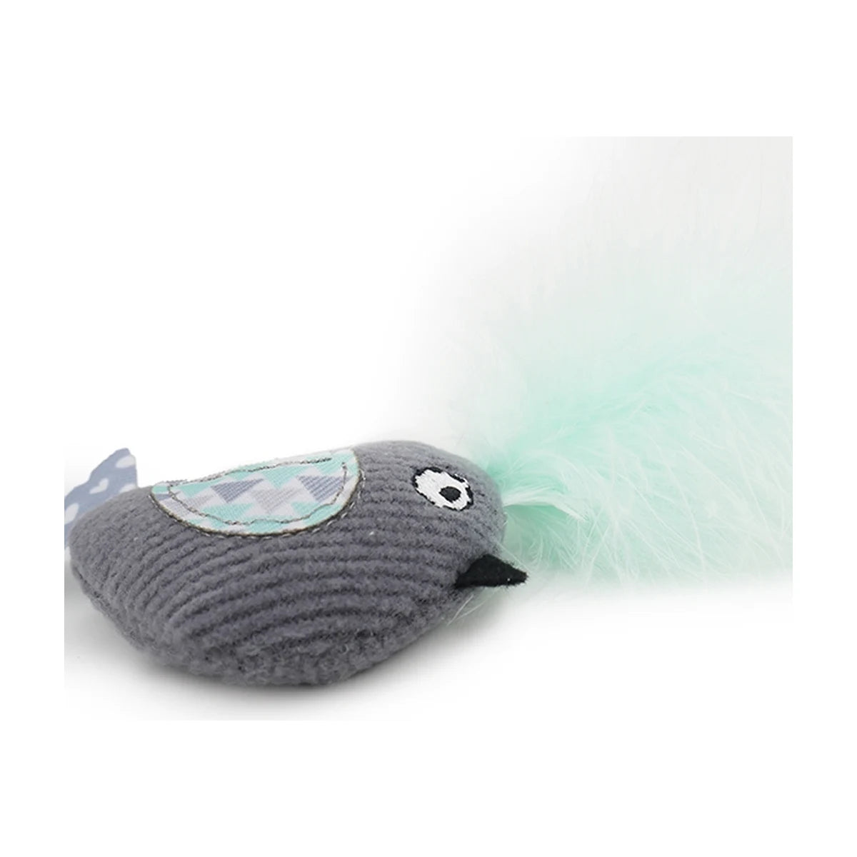 Rosewood Jolly Moggy Catnip Tune Chaser Bird grey cat toy with mint feather detail