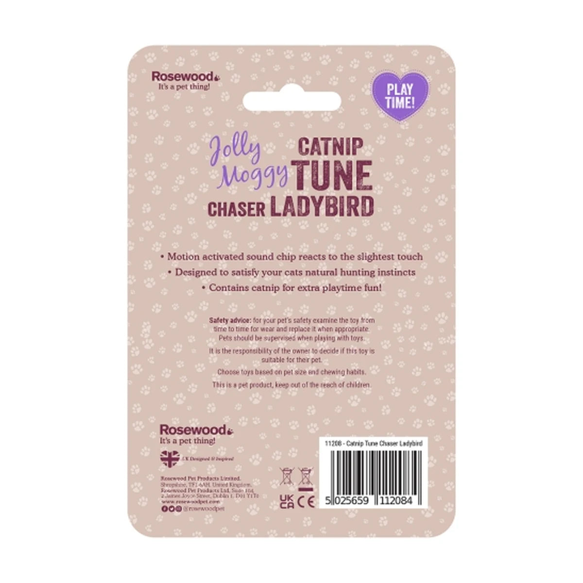 Back packaging for Rosewood Jolly Moggy Catnip Tune Chaser Ladybird cat toy showing product information