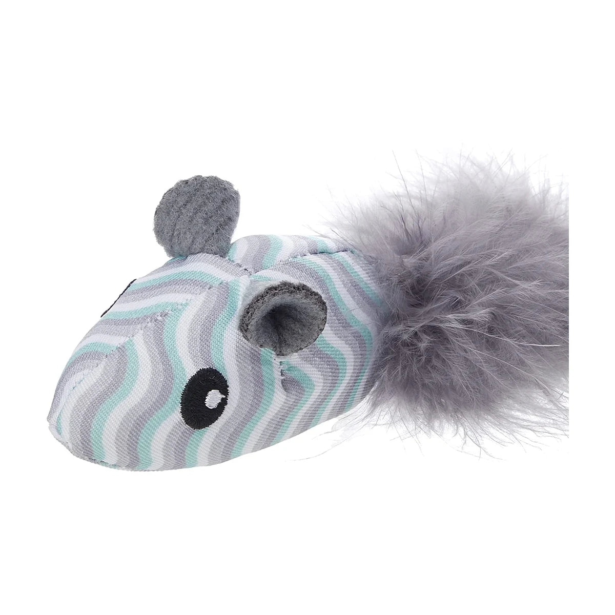 Close up of Rosewood Jolly Moggy Catnip Tune Chaser Mouse with grey fluffy tail