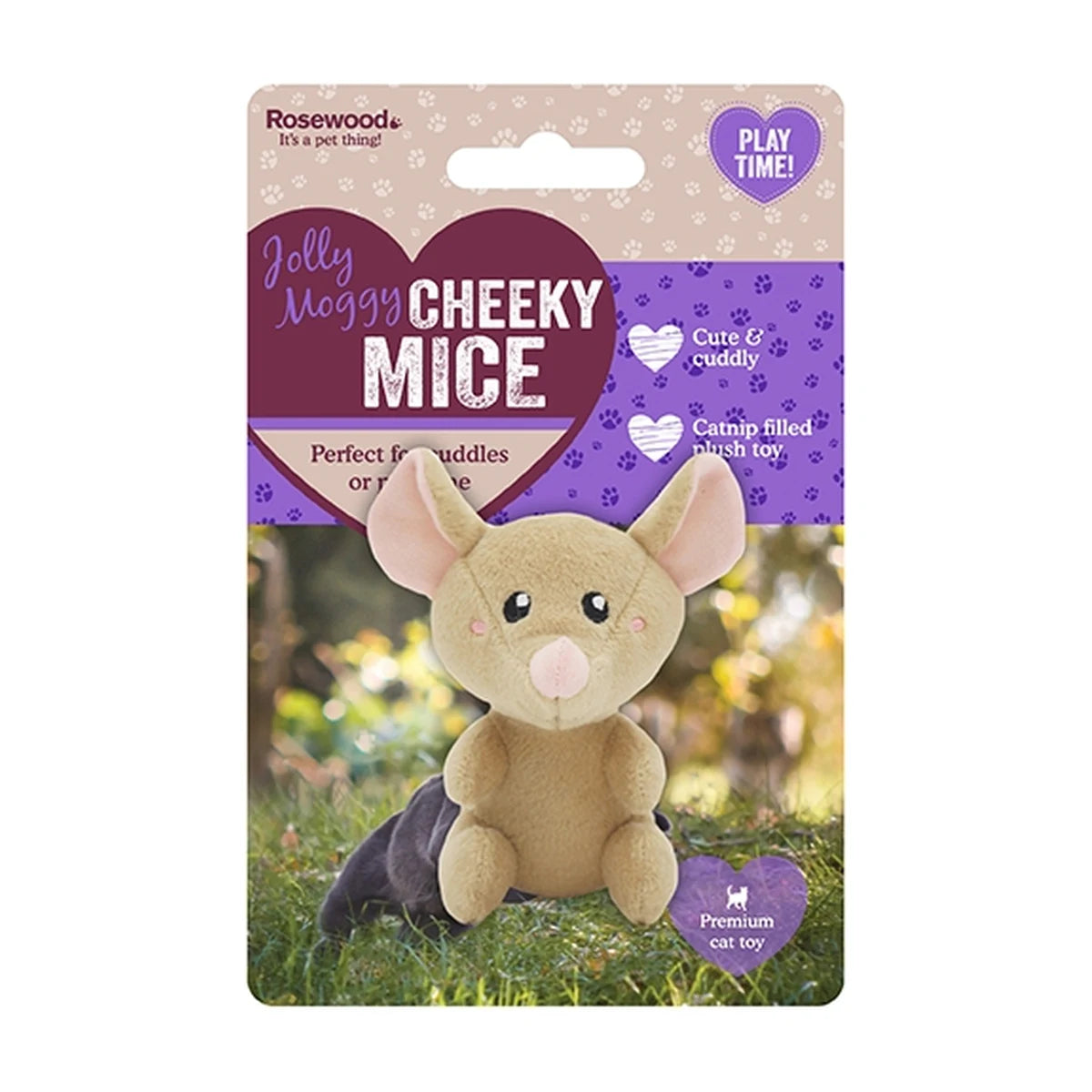 Rosewood Jolly Moggy Cheeky Mice beige catnip plush cat toy in packaging