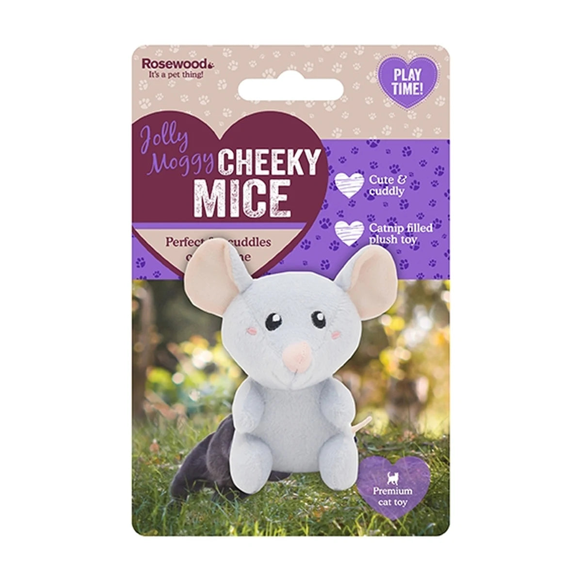Rosewood Jolly Moggy Cheeky Mice grey catnip plush cat toy in packaging