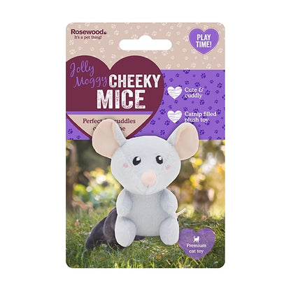 Rosewood Jolly Moggy Cheeky Mice grey catnip plush cat toy in packaging