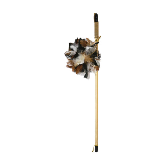 Rosewood Jolly Moggy natural feather teaser cat wand toy with feather ball on a white background