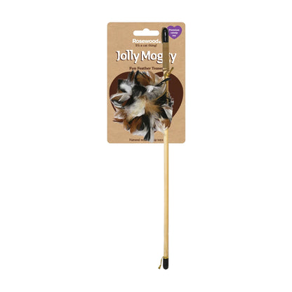 Rosewood Jolly Moggy Natural Feather Teaser Cat Wand Toy attached to retail packaging
