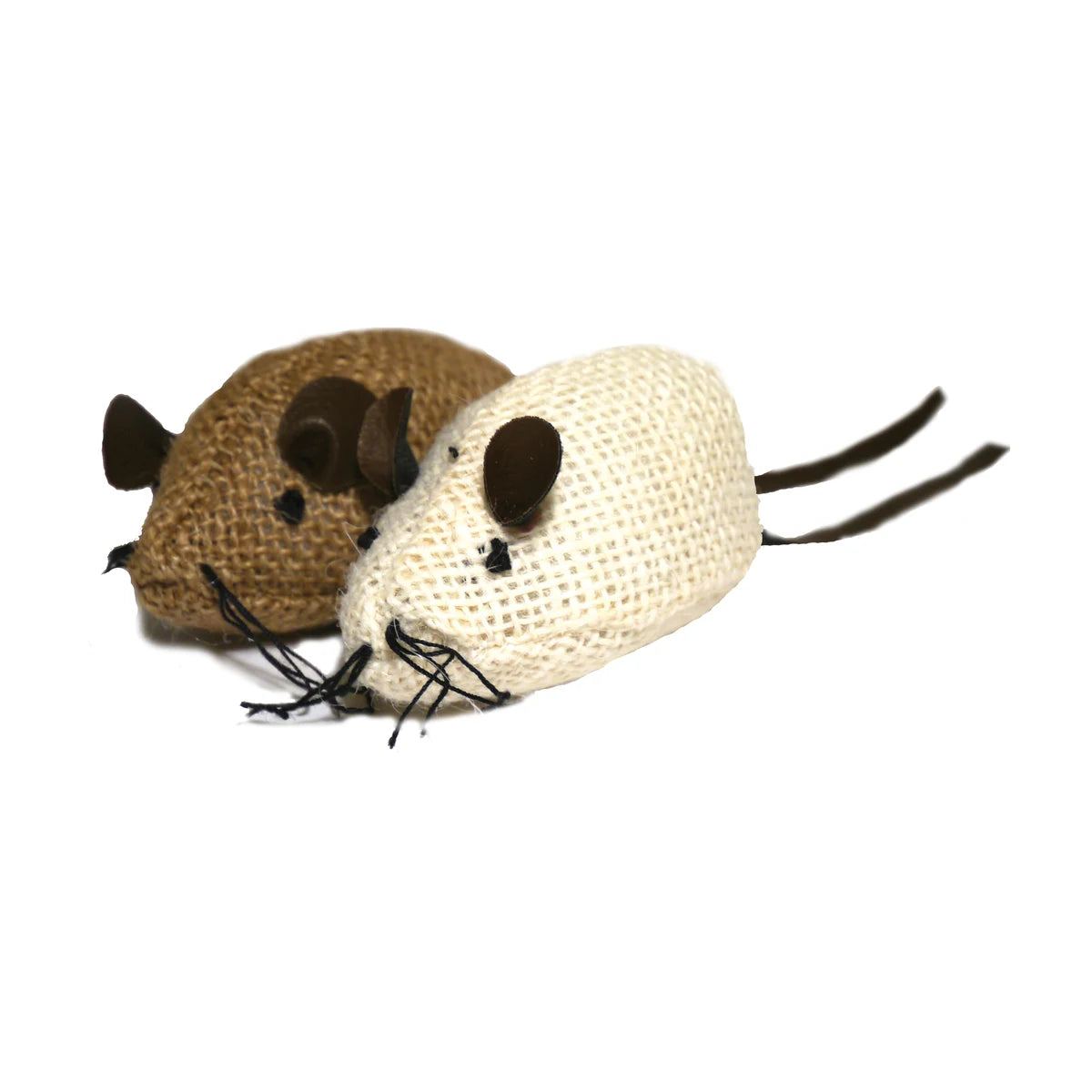 Two Rosewood Jolly Moggy Natural Wild Catnip Mice cat toys in brown and cream on a white background