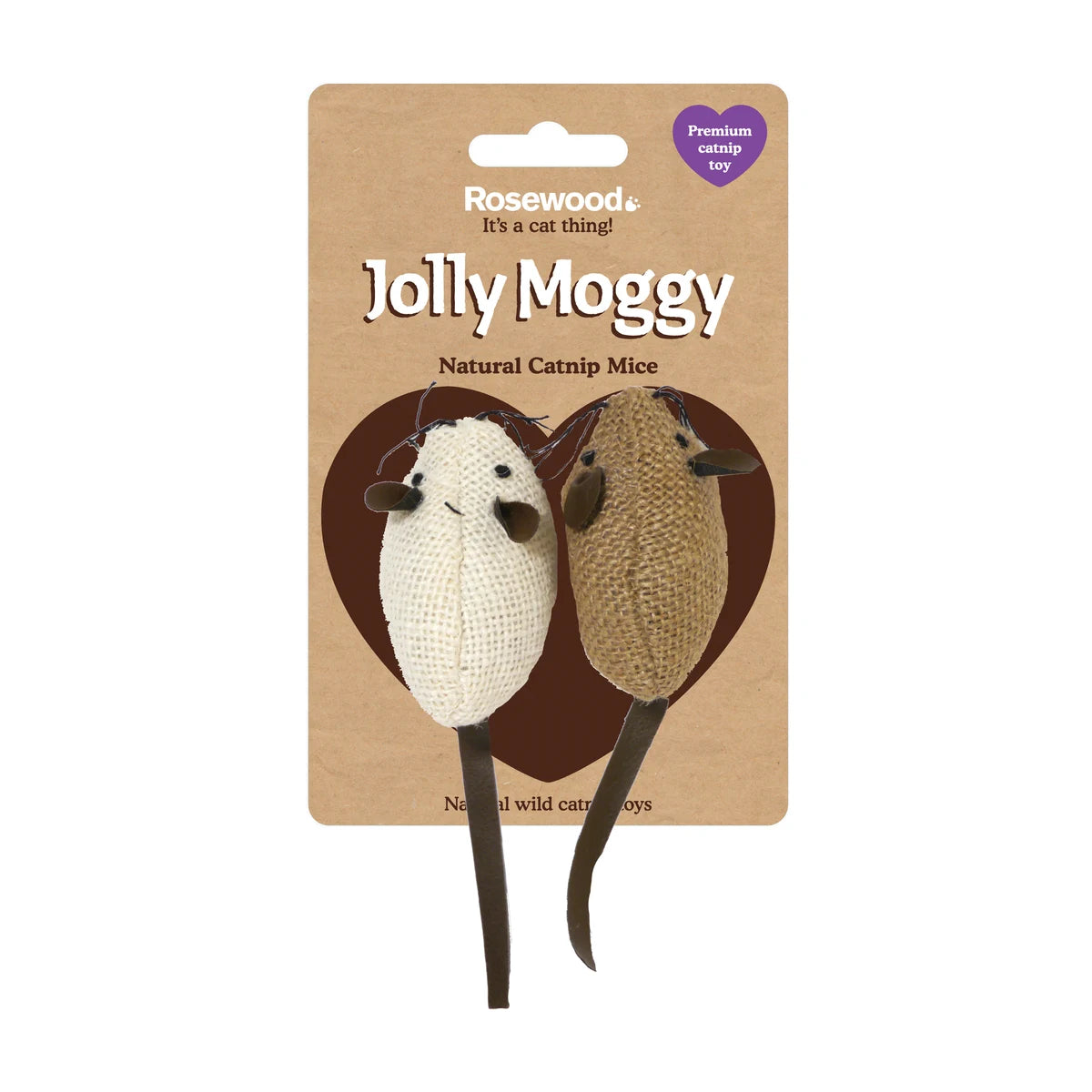 Rosewood Jolly Moggy Natural Wild Catnip Mice Cat Toy 2pc attached to retail packaging