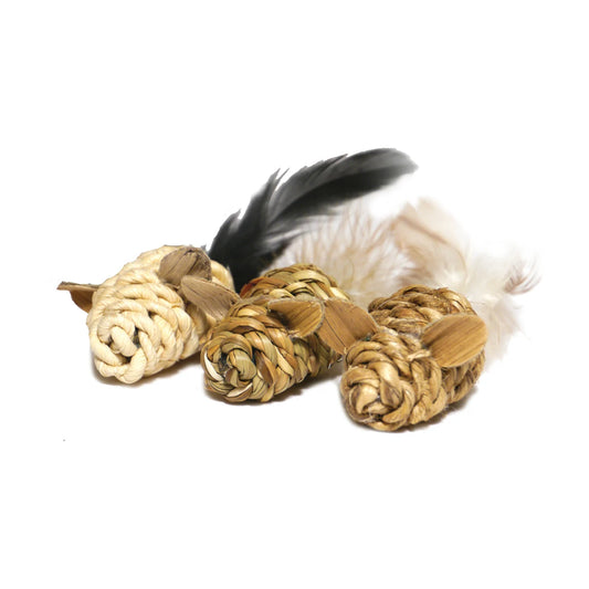 Three Rosewood Jolly Moggy natural wild catnip mini mice cat toys with woven bodies and feather tails on a white background