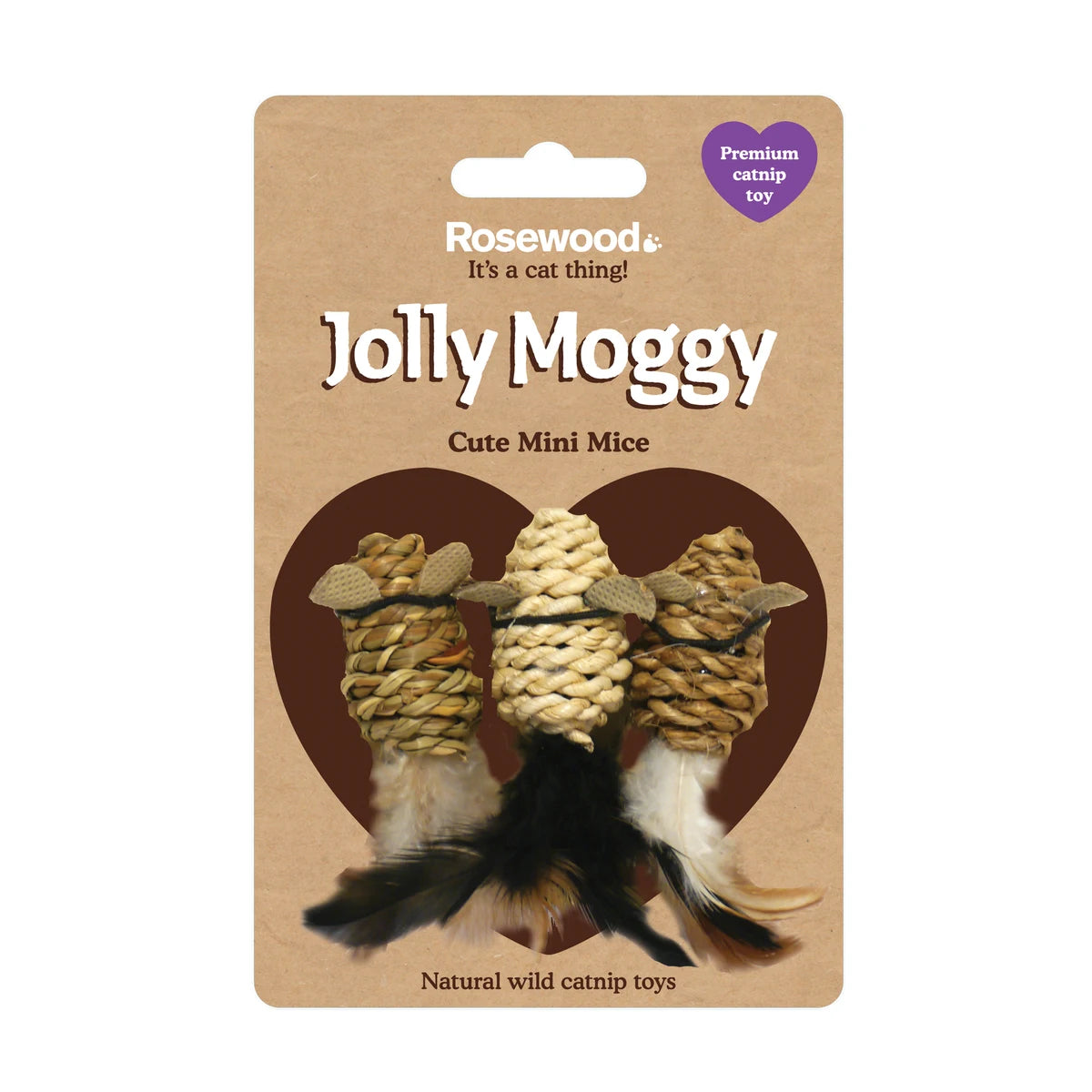 Rosewood Jolly Moggy Natural Wild Catnip Mini Mice Cat Toy 3pc attached to retail packaging