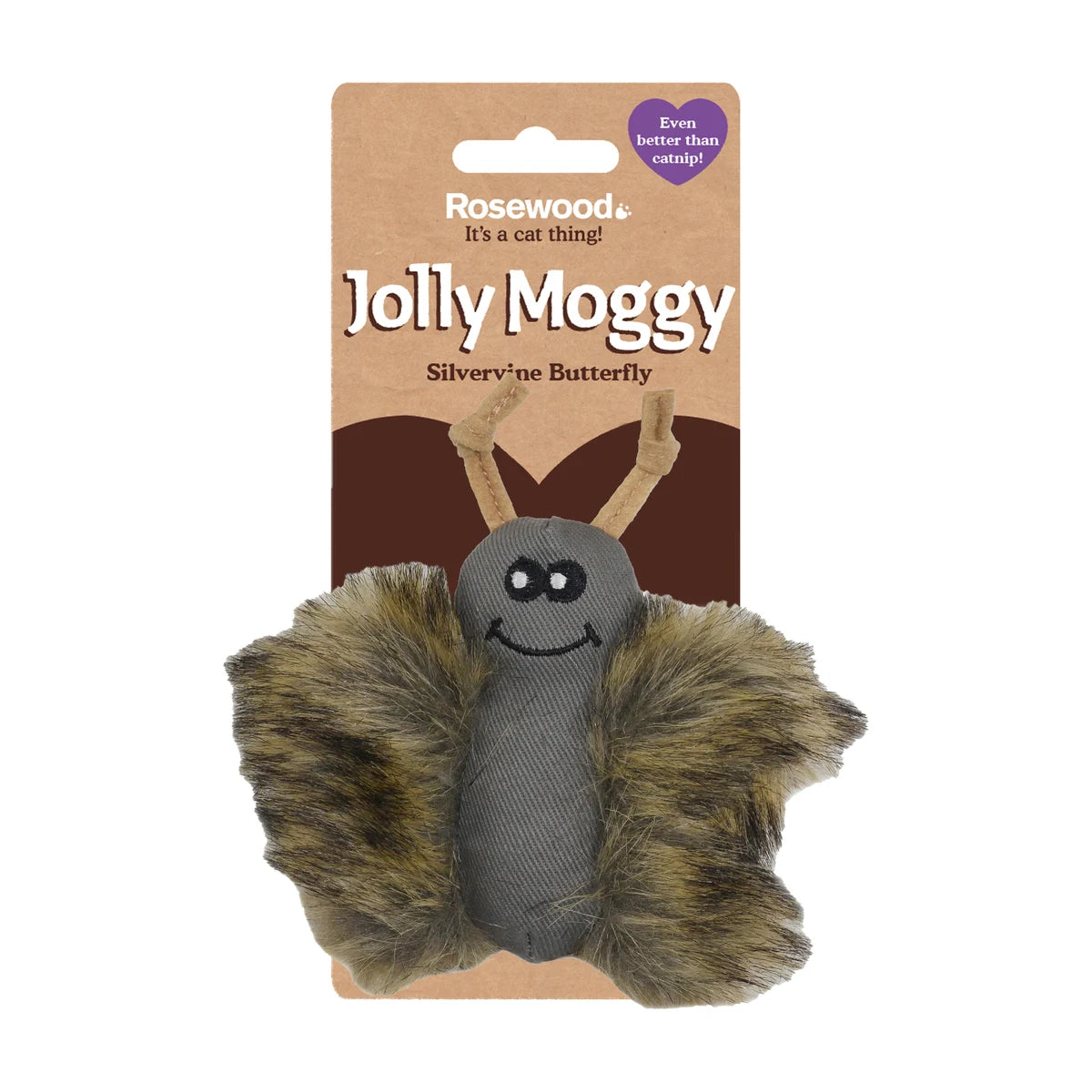 Rosewood Jolly Moggy Silvervine Butterfly Cat Toy attached to retail packaging
