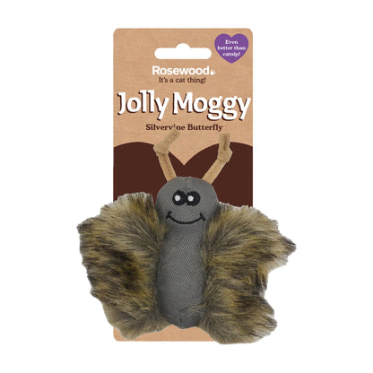 Rosewood Jolly Moggy Silvervine Butterfly Cat Toy attached to retail packaging