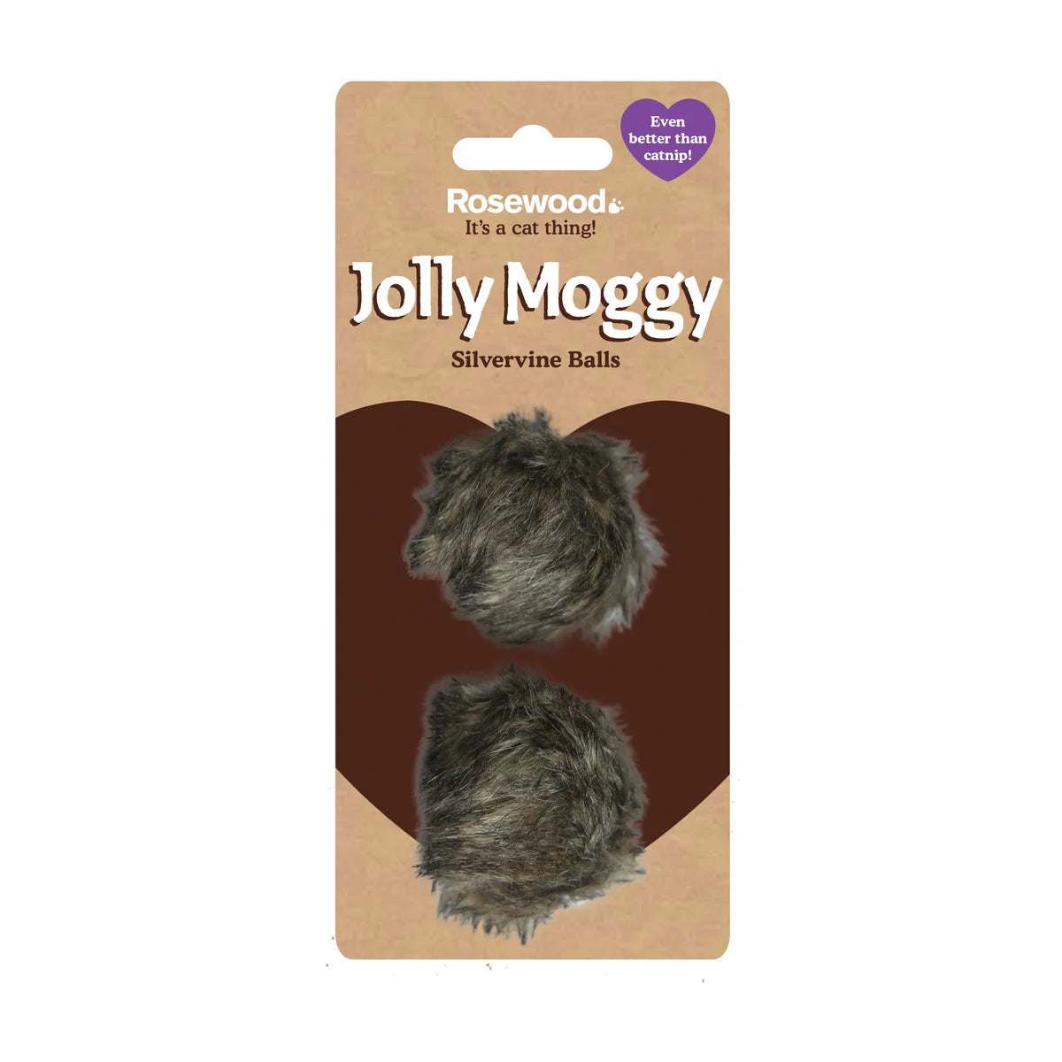 Pack of two Rosewood Jolly Moggy Silvervine Plush Cat Balls in retail packaging