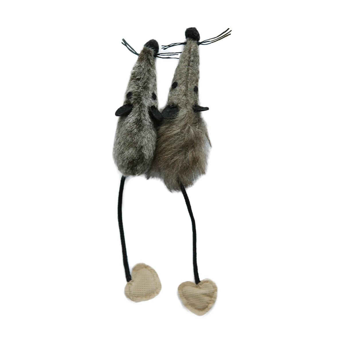 Two Rosewood Jolly Moggy silvervine plush mice cat toys with long tails on a white background