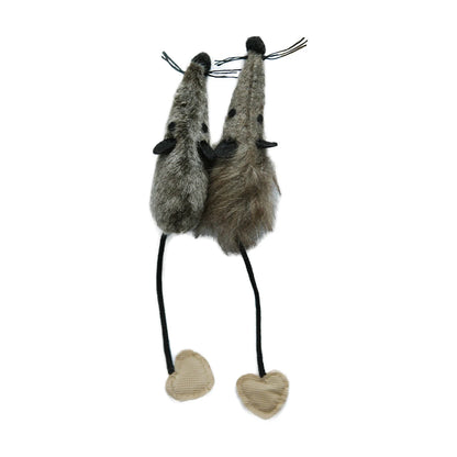 Two Rosewood Jolly Moggy silvervine plush mice cat toys with long tails on a white background