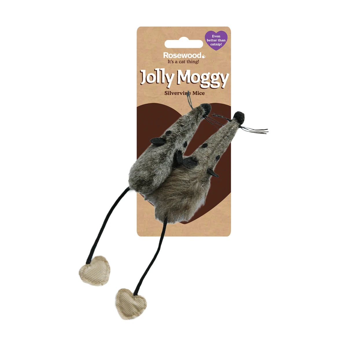 Rosewood Jolly Moggy Silvervine Plush Mice Cat Toy 2 Pack attached to retail packaging