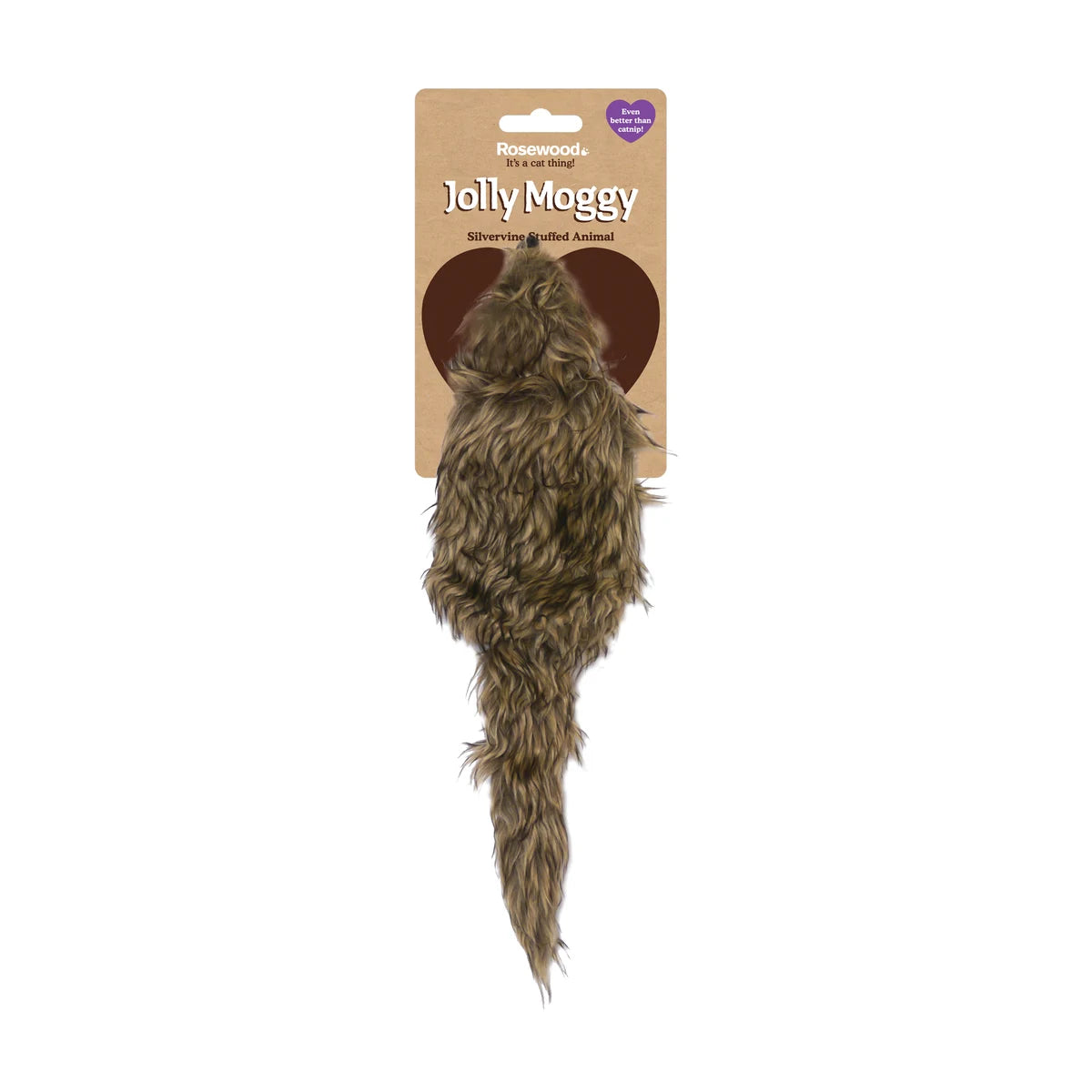 Rosewood Jolly Moggy Silvervine Stuffed Animal Cat Toy attached to retail packaging