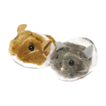 Brown and grey Rosewood Jolly Moggy Vibromouse interactive cat toys on a white background