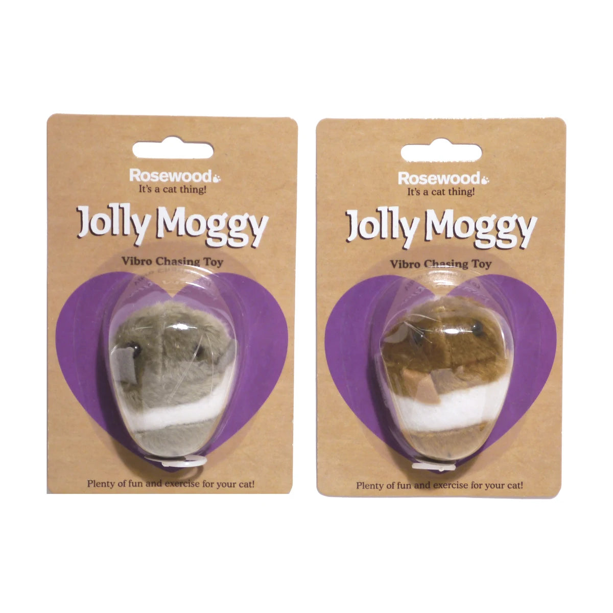 Rosewood Jolly Moggy Vibromouse interactive cat toys shown in retail packaging