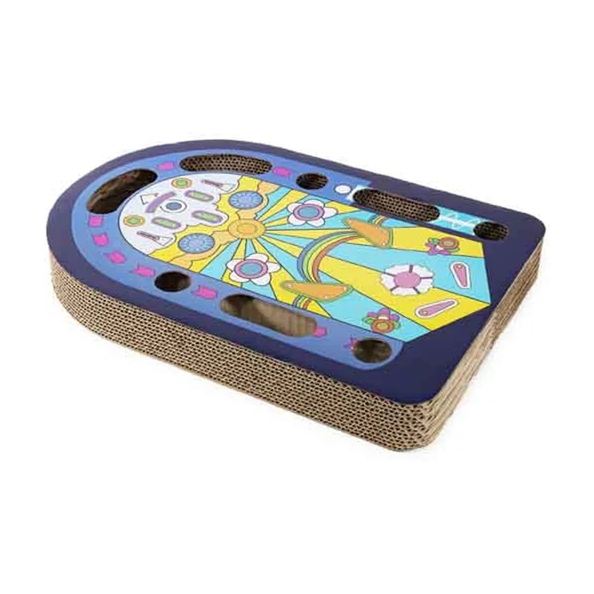 Angled view of the Rosewood Juke Box cardboard cat scratcher showing its corrugated scratching surface