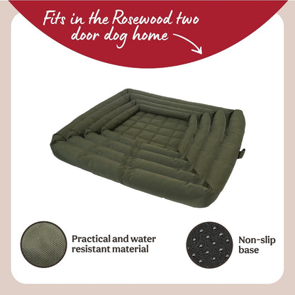 Rosewood Large green water-resistant crate dog mattress feature image showing its practical green fabric, non-slip base and compatibility with the Rosewood two-door dog home.