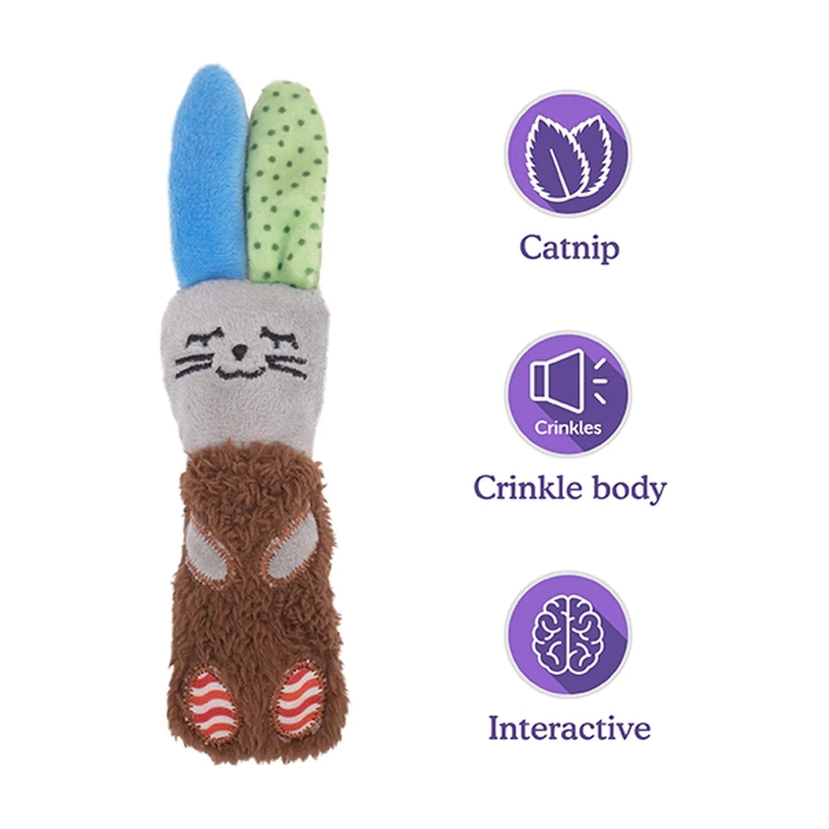 Rosewood Floppy Rabbit cat toy features showing catnip crinkle body and interactive play