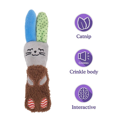 Rosewood Floppy Rabbit cat toy features showing catnip crinkle body and interactive play