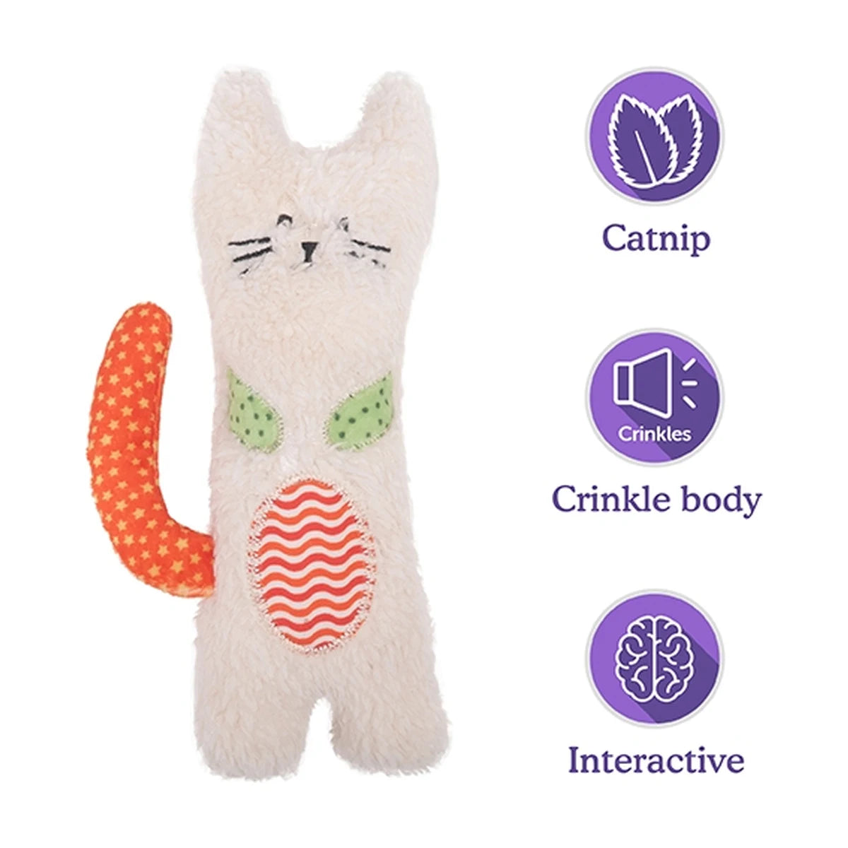 Rosewood Kitty Crunch cat toy features showing catnip crinkle body and interactive play