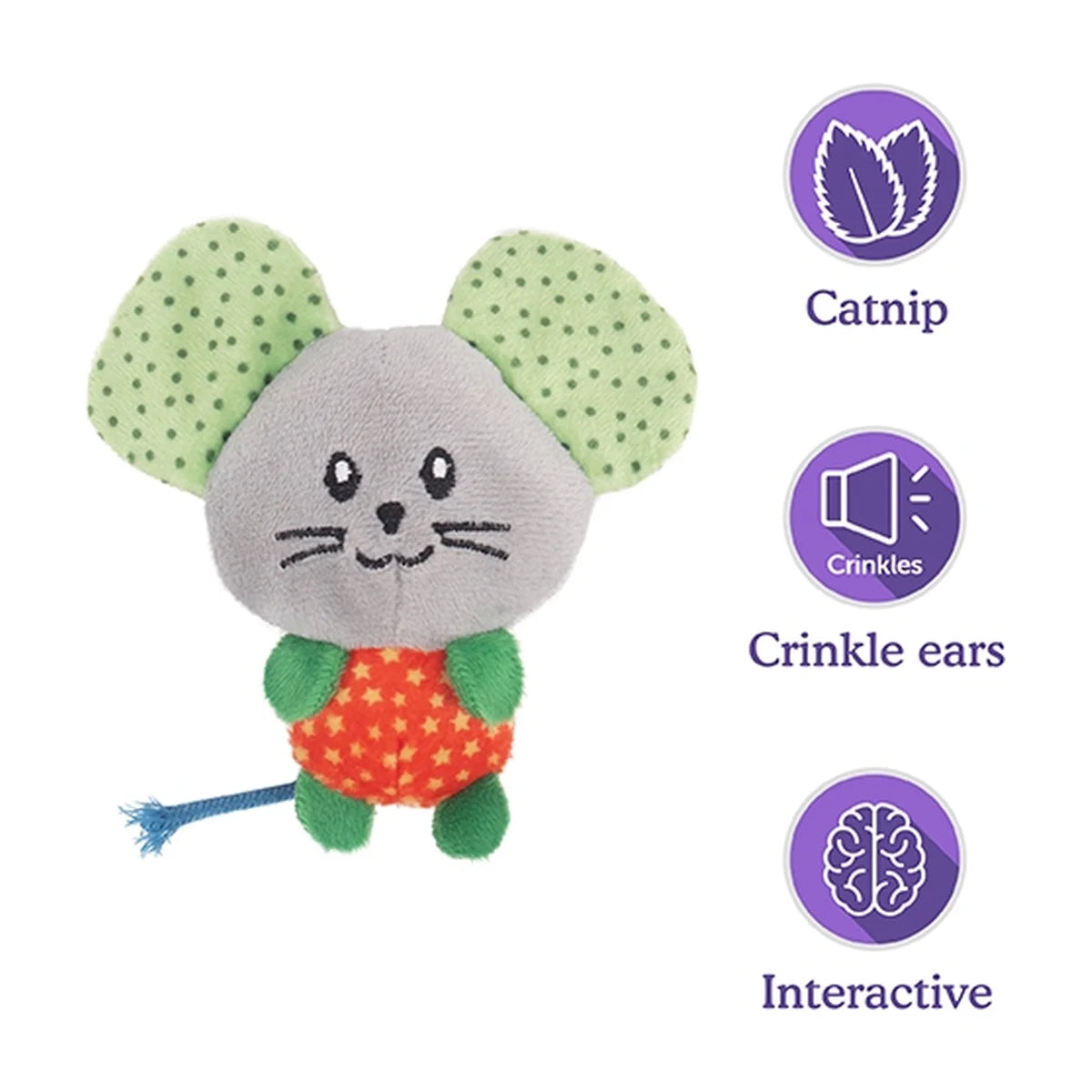 Rosewood Little Nippers Mighty Mouse cat toy showing catnip crinkle ears and interactive features.