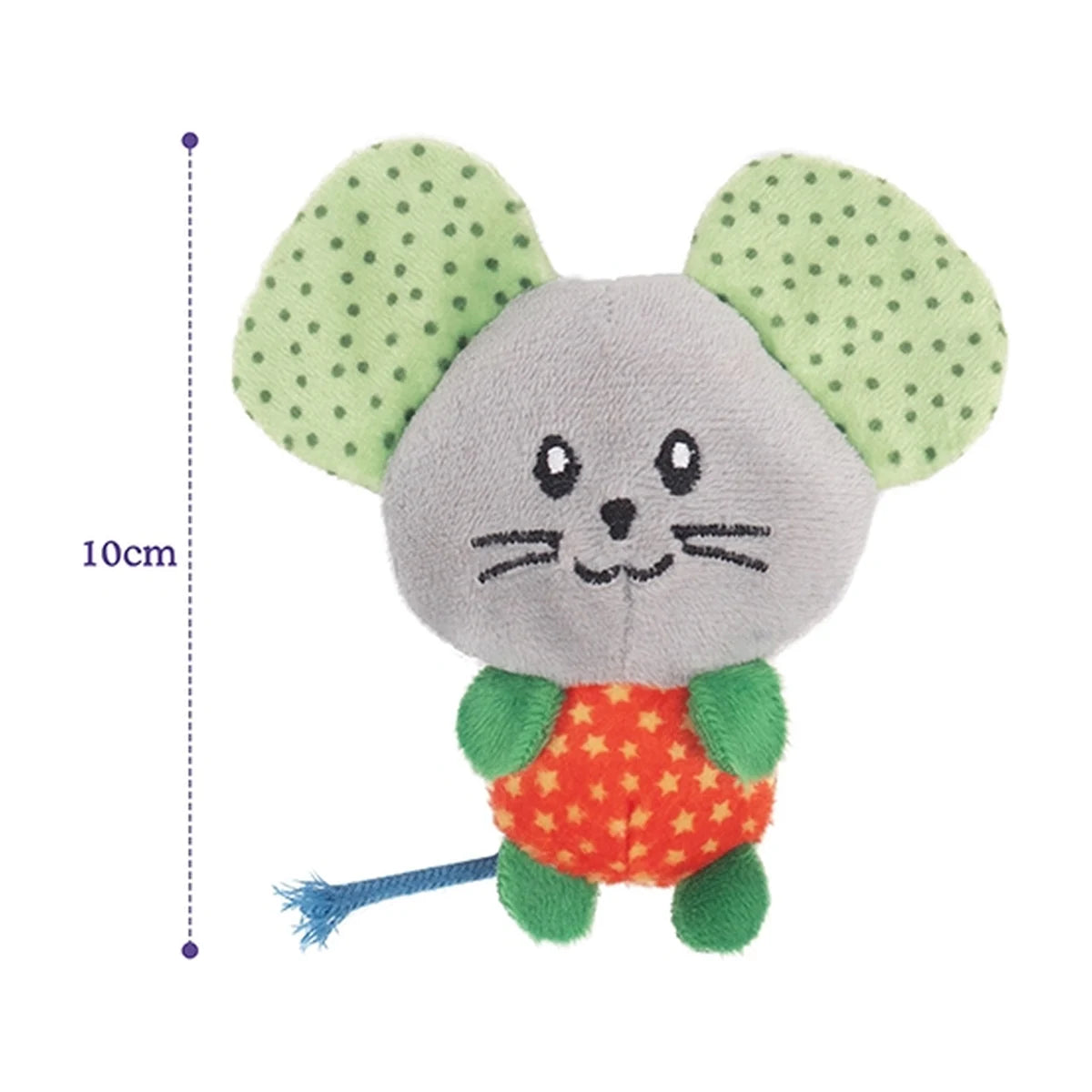 Rosewood Little Nippers Mighty Mouse cat toy size guide showing 10 cm height