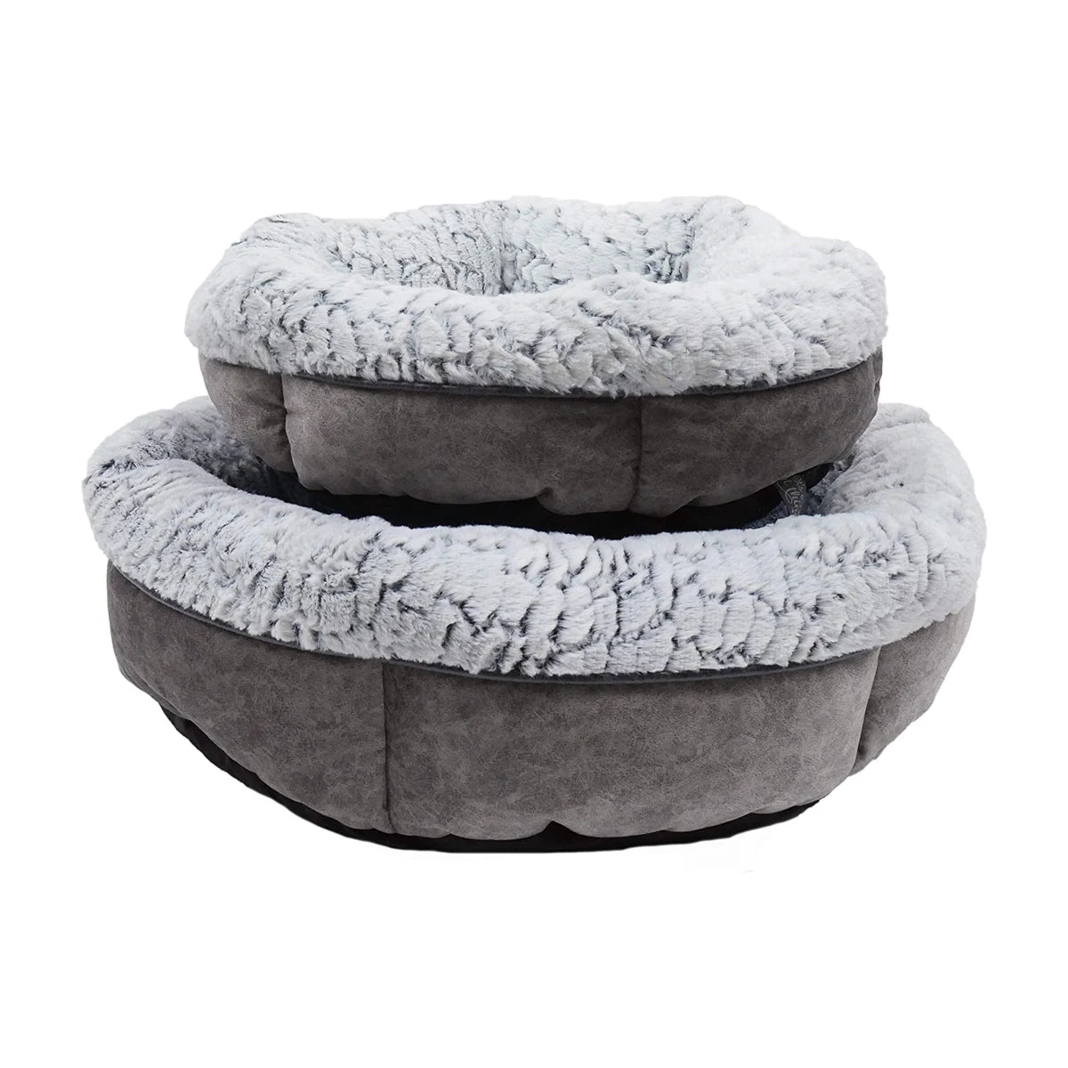 Rosewood Luxury Fleece Lined Plush Dog & Cat Beds in Small and Medium stacked together, showing their different sizes, grey exterior and fluffy fleece-lined rims.