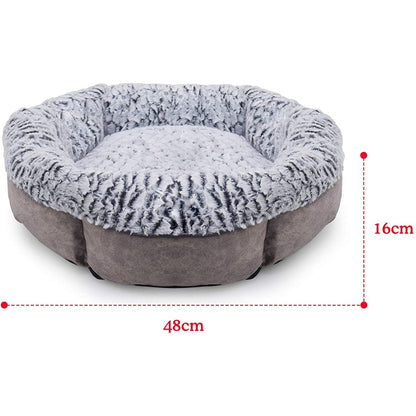 Rosewood Luxury Fleece Lined Plush Bed Small showing 48 cm width and 16 cm height, with raised cushioned walls and a soft grey and white faux fur interior.