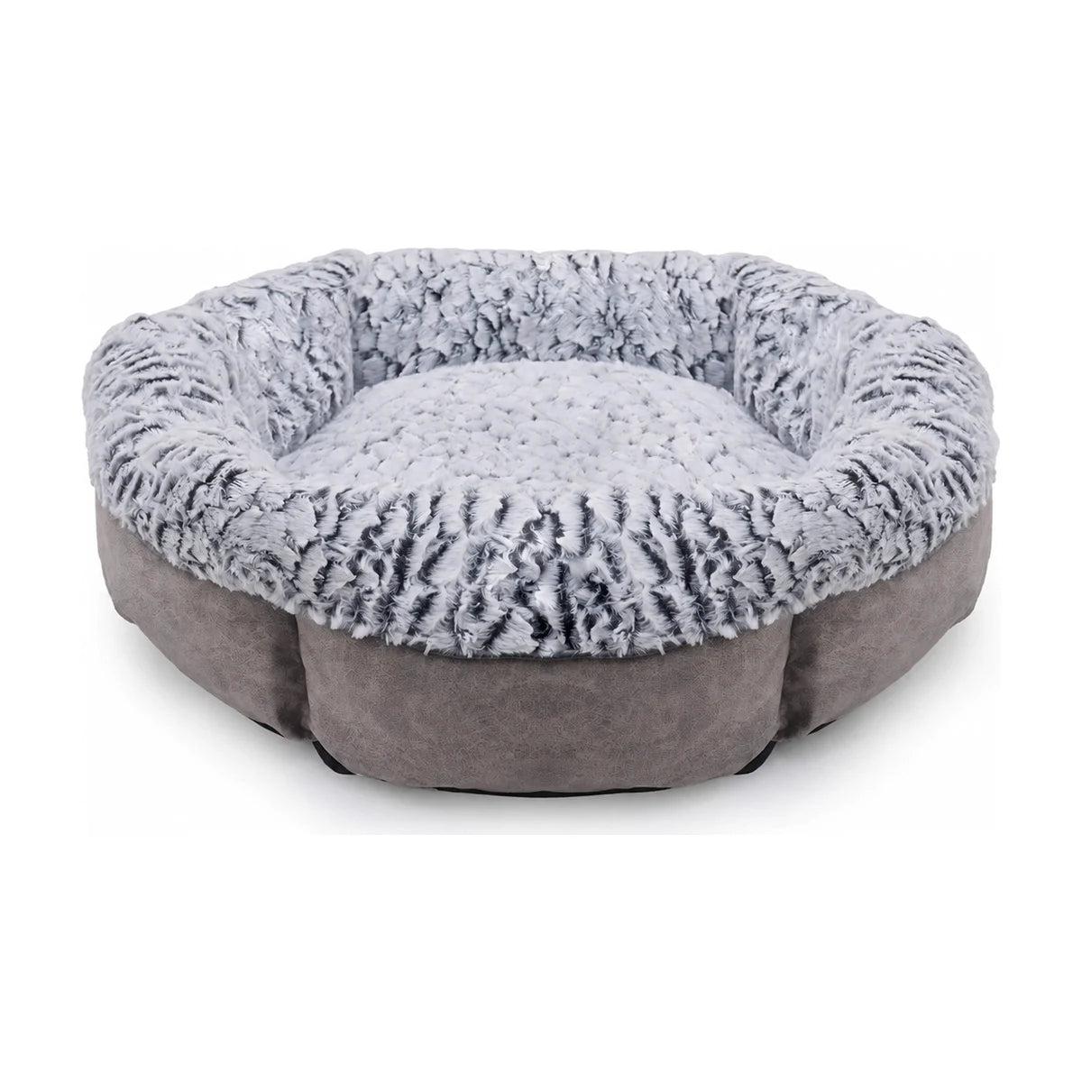 Rosewood Luxury Fleece Lined Plush Dog & Cat Bed in grey, showing its deep round shape, thick cushioned sides and soft patterned faux fur interior.