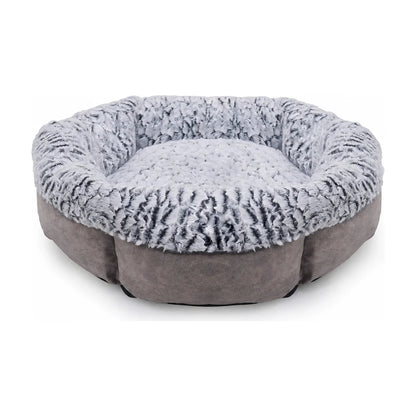 Rosewood Luxury Fleece Lined Plush Dog & Cat Bed in grey, showing its deep round shape, thick cushioned sides and soft patterned faux fur interior.