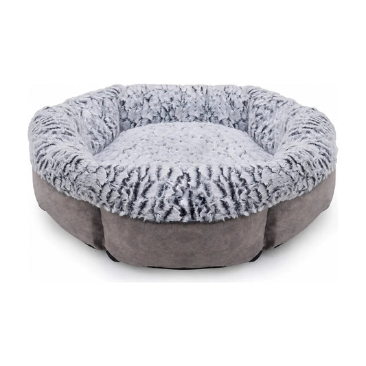 Rosewood Luxury Fleece Lined Plush Dog & Cat Bed in grey, showing its deep round shape, thick cushioned sides and soft patterned faux fur interior.