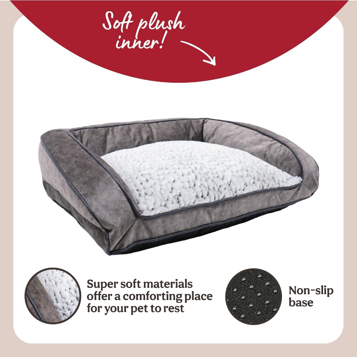 Rosewood Luxury Fleece Lined Plush Sofa Dog Bed feature graphic showing its soft plush inner cushion, grey padded sides and non-slip base.