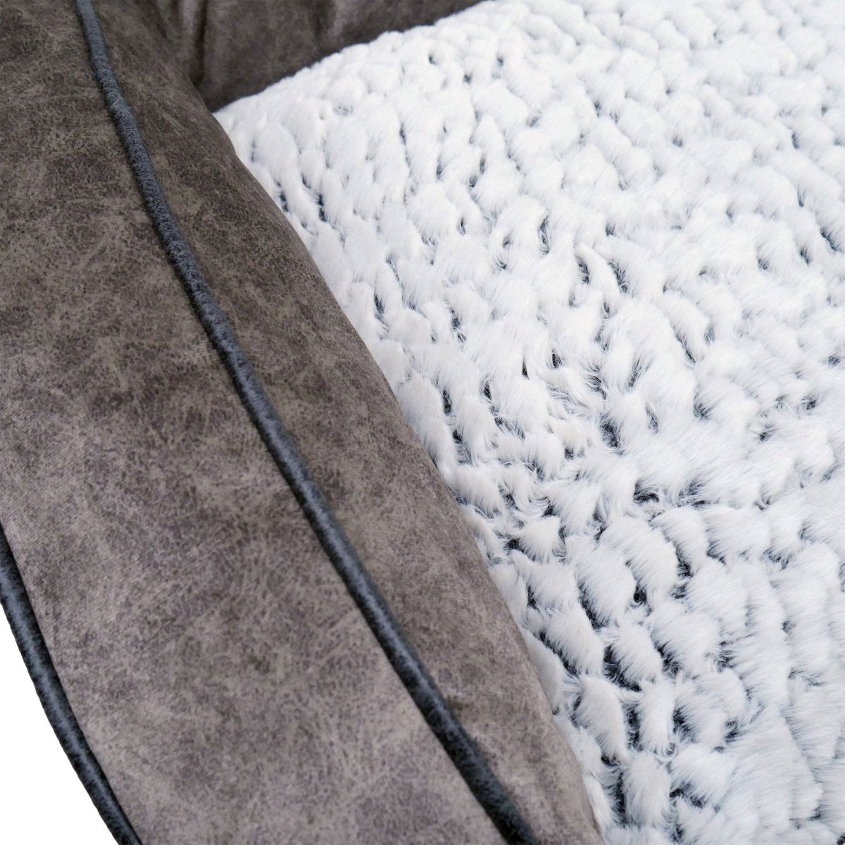 Close-up of the soft white plush fleece cushion and textured grey fabric side of the Rosewood Luxury Fleece Lined Plush Sofa Dog Bed.