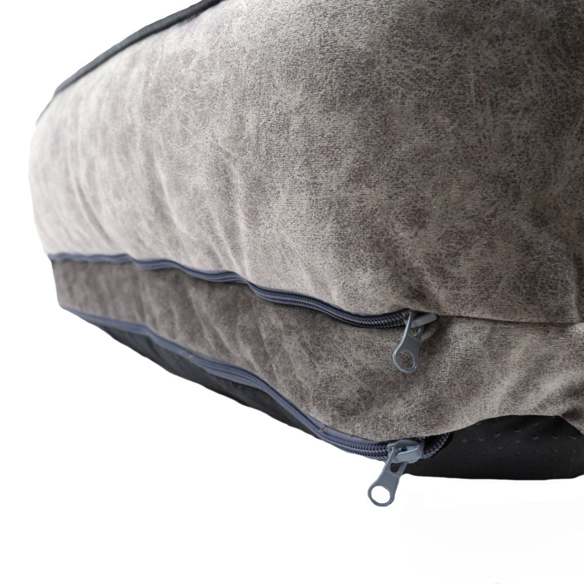 Close-up of the zip fastenings on the grey Rosewood Luxury Fleece Lined Plush Sofa Dog Bed, showing the removable cover design.