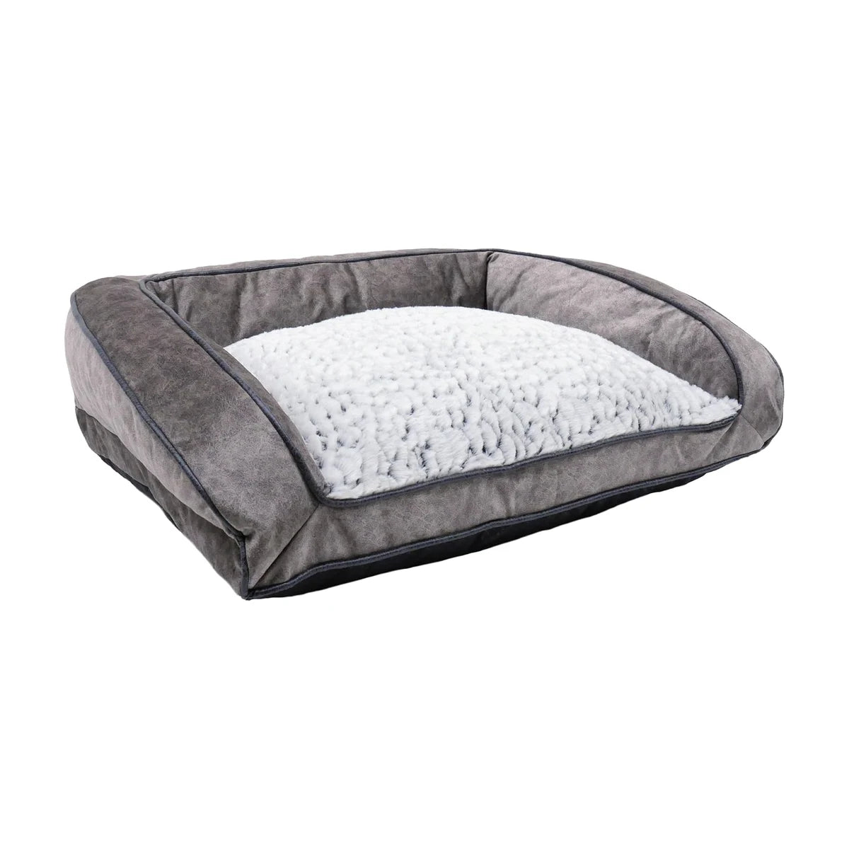 Rosewood Luxury Fleece Lined Plush Sofa Dog Bed in grey, featuring a soft white plush cushion, padded raised sides and low front opening.