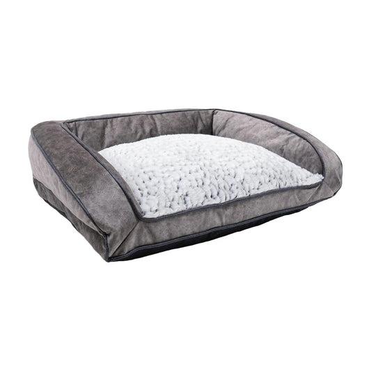 Rosewood Luxury Fleece Lined Plush Sofa Dog Bed in grey, featuring a soft white plush cushion, padded raised sides and low front opening.