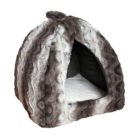 Grey and cream Rosewood Luxury Snuggle Plush Pyramid Cat Bed shown on a white background