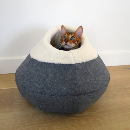 Grey Rosewood Luxury Round Cosy Plush Cat Cave with a cream plush entrance on a white background