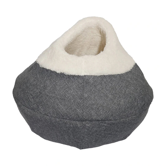 Grey Rosewood Luxury Round Cosy Plush Cat Cave with a cream plush entrance on a white background