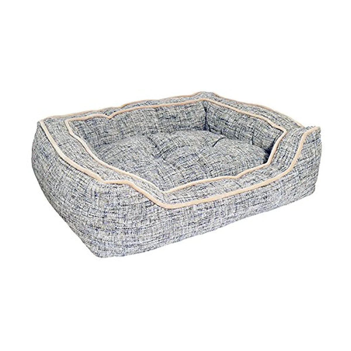 Rosewood Luxury Slate & Oatmeal Square Dog Bed with the reversible canvas cushion facing upwards, showing its textured slate fabric and oatmeal piping.