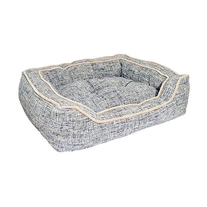 Rosewood Luxury Slate & Oatmeal Square Dog Bed with the reversible canvas cushion facing upwards, showing its textured slate fabric and oatmeal piping.