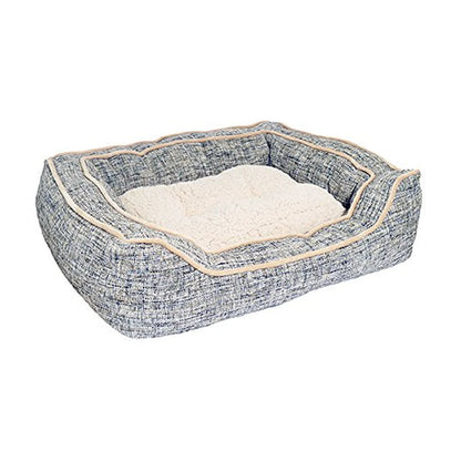 Rosewood Luxury Slate & Oatmeal Square Dog Bed featuring its soft cream teddy bear fleece cushion, slate-coloured canvas exterior and oatmeal piping.